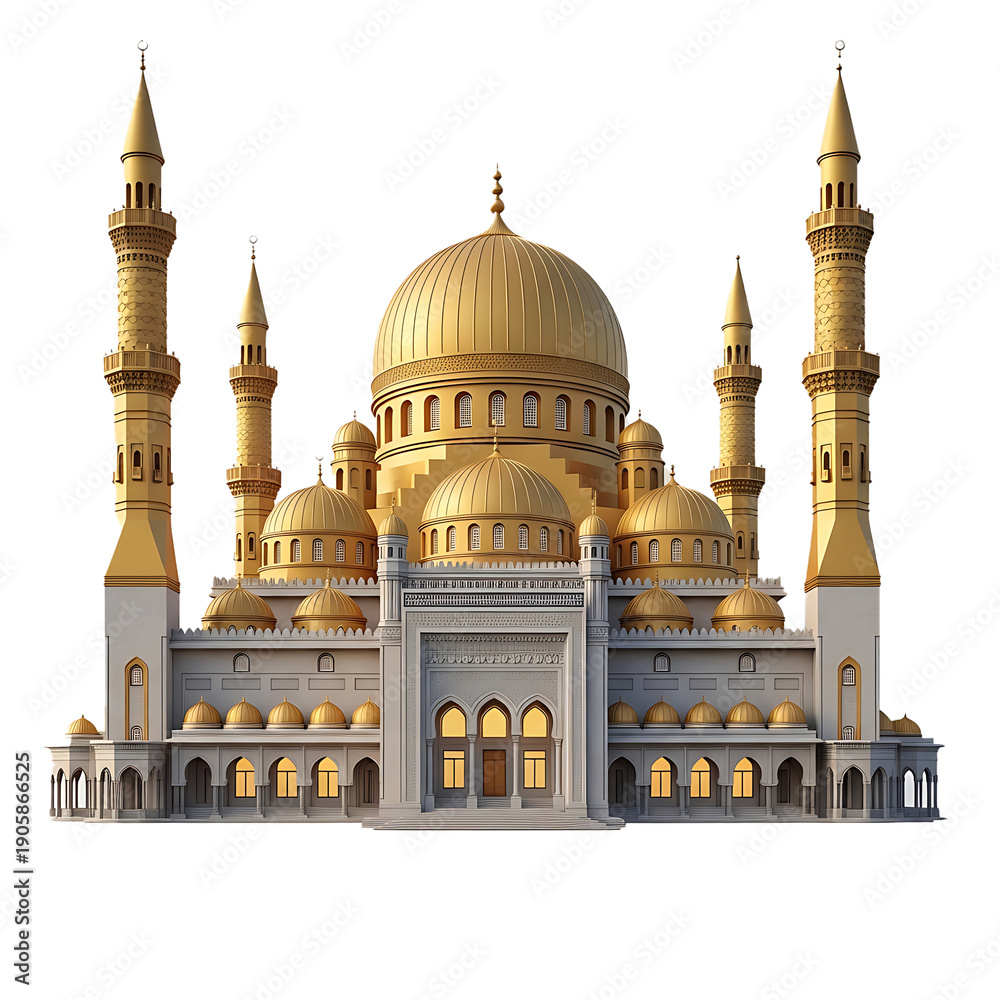 Obraz premium Golden mosque with multiple domes and minarets isolated on a transparent background islamic architecture