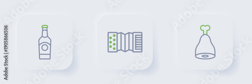 Set line Chicken leg, Accordion and Beer bottle icon. Vector
