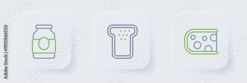 Set line Cheese, Bread toast and Jam jar icon. Vector
