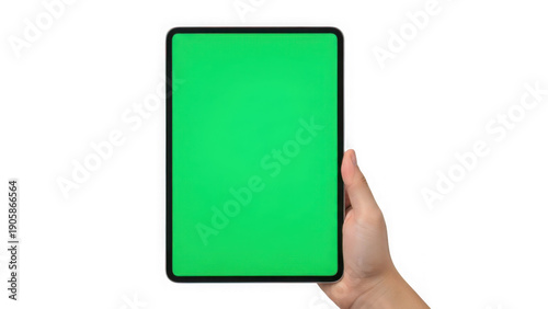 Hand holding green tablet isolated on transparent background isolated on transparent background