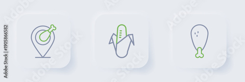 Set line Chicken leg, Corn and icon. Vector
