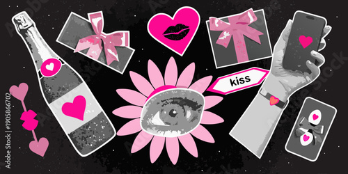 A playful collage featuring hearts champagne and a stylized eye