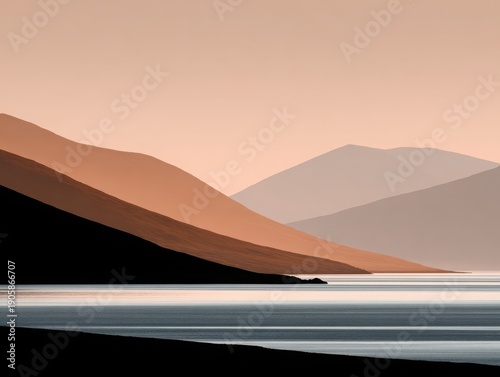 Abstract landscape with smooth hills and serene water in sunset hues  