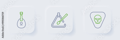 Set line Guitar pick, Triangle musical instrument and Mandolin icon. Vector