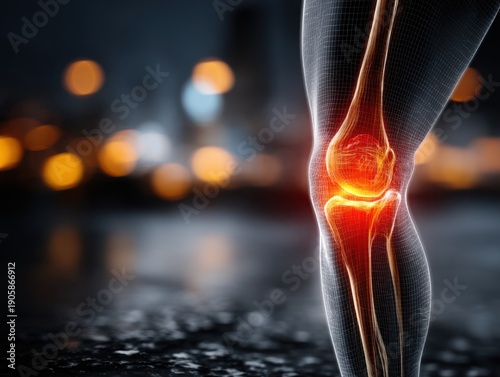 Anatomical illustration of human knee joint with pain indicator  