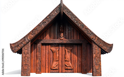 Authentic Maori Meeting House Featuring Detailed Carvings Isolated On White Background.