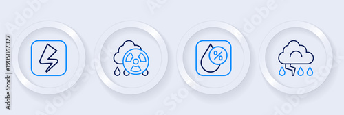 Set line Cloud and lightning, Water drop percentage, Acid rain radioactive cloud and Lightning bolt icon. Vector