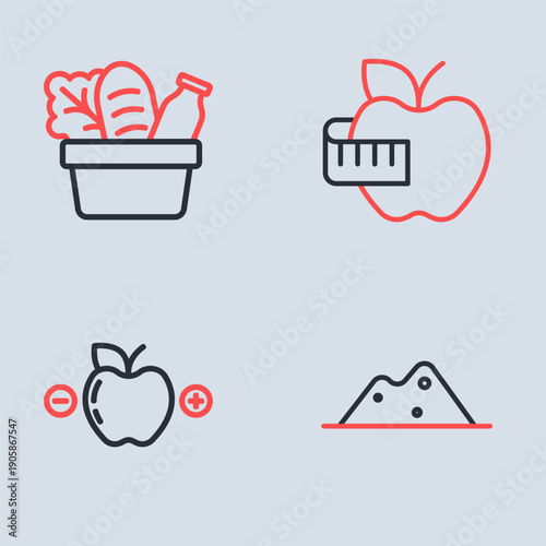 Set line Apple and measuring tape, Calorie calculator, Salt and Shopping bag food icon. Vector