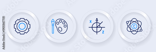 Set line Atom, Trigonometric circle, Paint brush with palette and Gear icon. Vector