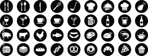Food and drink silhouette icon set with utensils, beverages, meats, baked goods, and desserts symbolizing culinary variety