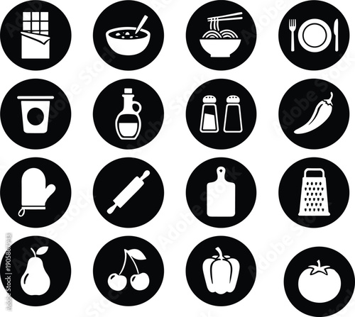 Food and kitchen silhouette icon set with fruits, vegetables, baked goods, beverages, and utensils symbolizing culinary tools and nutrition