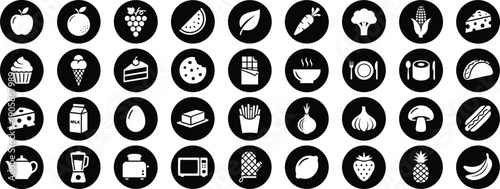 Food and kitchen silhouette icon set with fruits, vegetables, baked goods, beverages, and appliances symbolizing culinary diversity