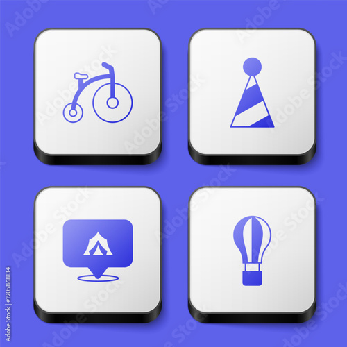 Set Vintage bicycle, Party hat, Circus tent and Hot air balloon icon. White square button. Vector