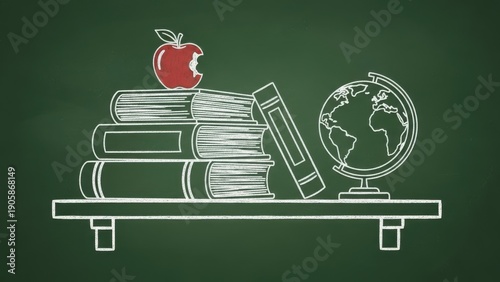 Chalkboard drawing of books apple and globe