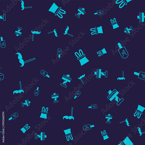 Set Paper mustache on stick, Ice cream, Magician hat and rabbit ears and Attraction carousel on seamless pattern. Vector