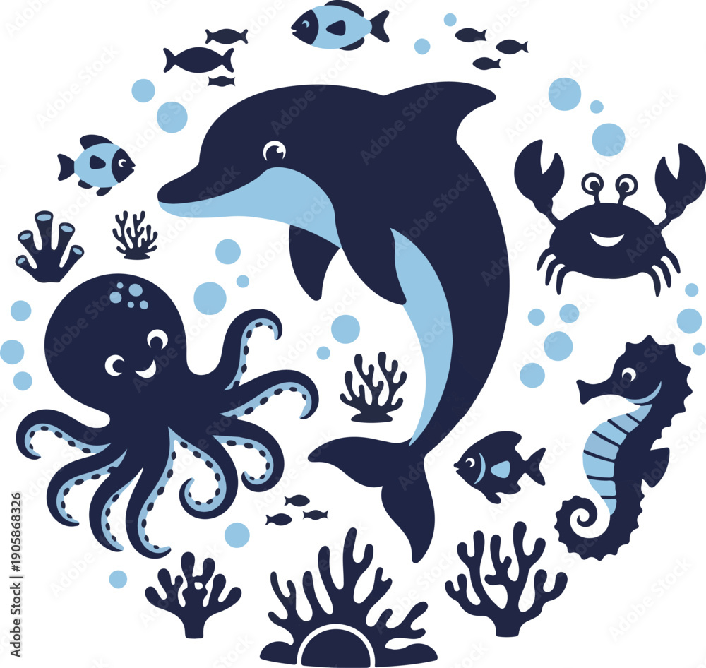 Fototapeta premium Underwater scene with silhouette of dolphin and sea creatures