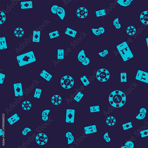 Set Online poker table game, sports betting, Hand holding casino chips and Casino on seamless pattern. Vector