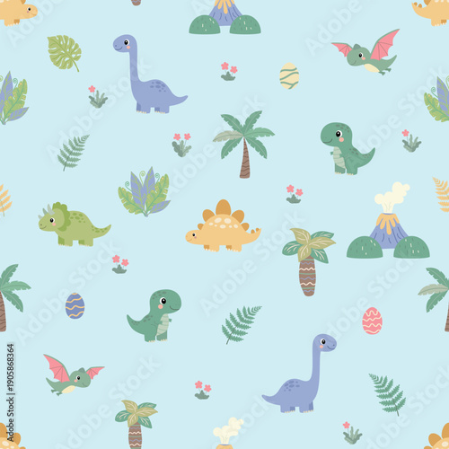 Cute dinosaur seamless pattern with volcanoes and tropical plants on blue background