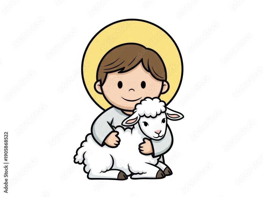 Obraz premium Cute child illustration featuring a boy with a yellow halo, embodying a religious figure concept. Cartoon style for Christian holiday design.