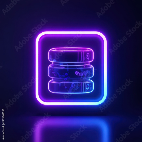 Dynamic neon database icon digital realm graphic design futuristic environment isometric view technology concept