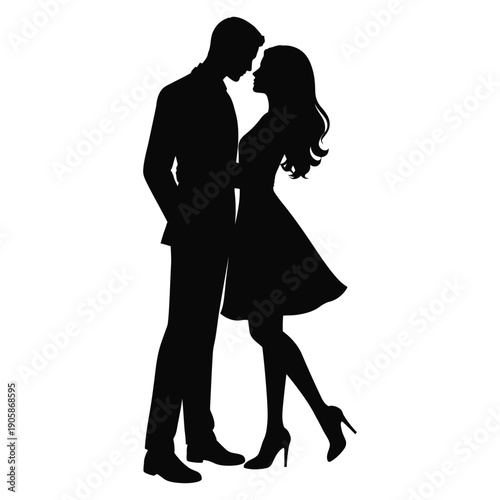 Black silhouette of a man in a suit and a woman in a dress embracing couple embrace d