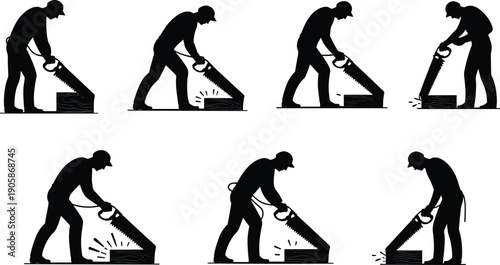 Worker silhouettes cutting wood with chainsaw, manual labor construction set isolated on white background