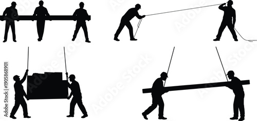 Construction worker silhouettes carrying beams and lifting materials, manual labor team isolated on white background