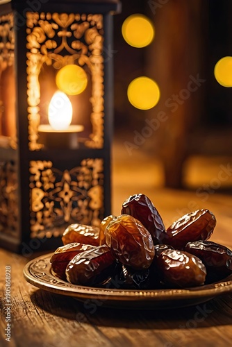 premium dates fruit, ramadan dates, luxury dates photography, ramadan lantern decor, islamic holy month food, iftar dates concept, middle eastern dessert, wooden table food scene, traditional ramadan 
