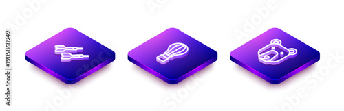 Set Isometric line Dart arrow, Hot air balloon and Bear head icon. Vector