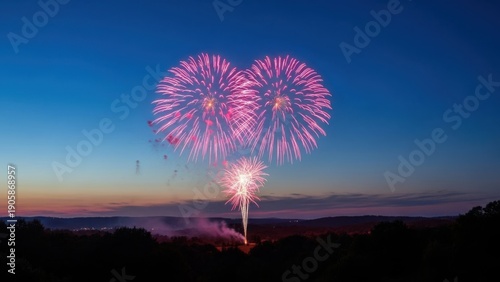 Heart shaped fireworks explode in twilight sky over dark landscape