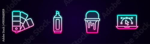 Set line Color palette guide, Marker pen, Paint bucket and Computer with design program. Glowing neon icon. Vector