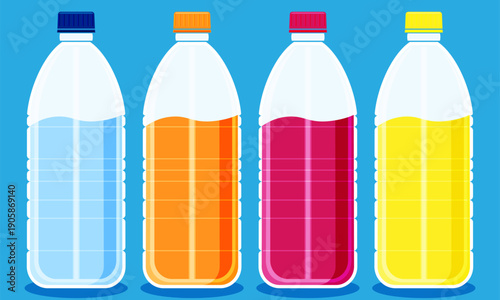 Colourful plastic beverage bottles set with water and soft drinks isolated on blue background