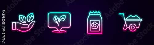Set line Leaf in hand, Pack full of seeds and Wheelbarrow. Glowing neon icon. Vector