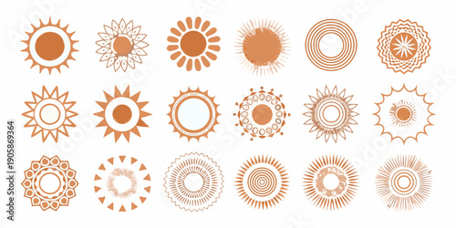 Collection of abstract circular sunburst and radial patterns in orange hues