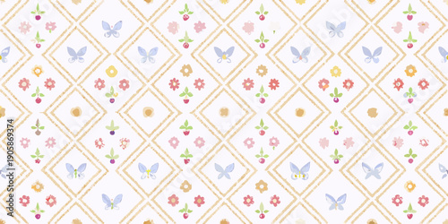 Seamless pattern with butterflies flowers and diamond shapes on white