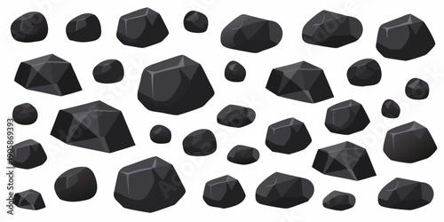 A collection of dark jagged rocks scattered across a white background