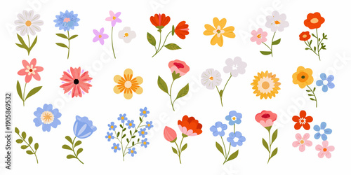 A colorful collection of cartoon flowers in various shapes and hues