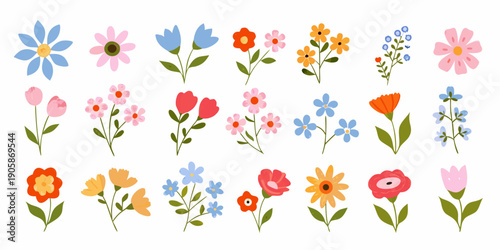 An assortment of colorful stylized floral illustrations arranged in rows