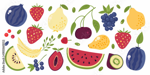 Colorful illustration of various fruits including berries melons and citrus