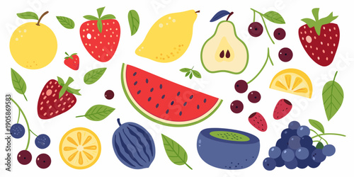 Colorful assortment of various fruits including berries melons and citrus