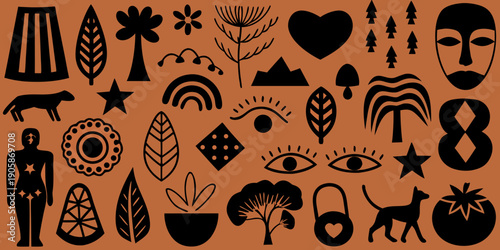 Stylized black silhouettes of plants animals and human forms on terracotta