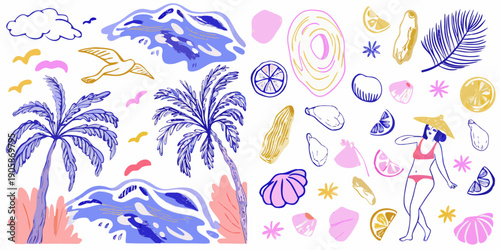 A colorful hand drawn illustration depicting a tropical summer vacation scene
