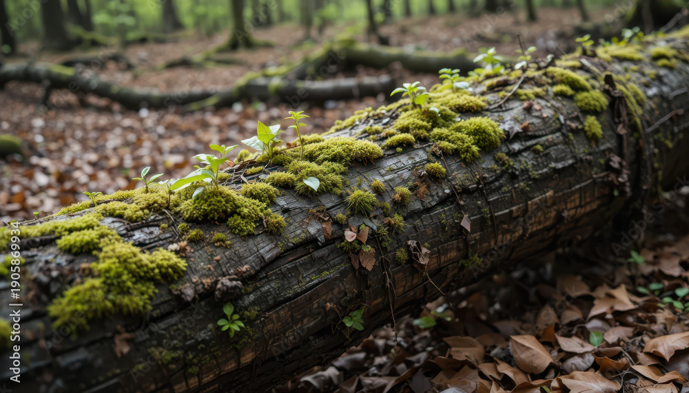 Obraz premium Fallen tree covered with moss forest nature photography tranquil environment close-up view organic beauty