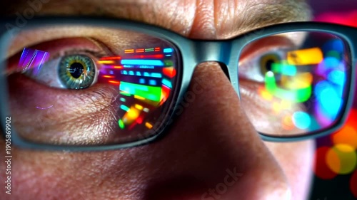 Extreme close-up of a person's eye and glasses reflecting digital data