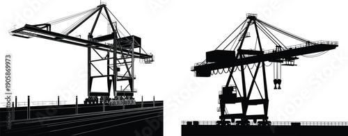 Industrial port crane silhouette, cargo harbor container crane illustration, shipping dock machinery, logistics transportation concept, maritime industry vector on white