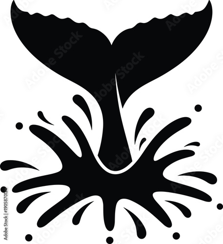 Black silhouette of a whale tail splashing in ocean water isolated on white background for marine life conservation and sea nature design