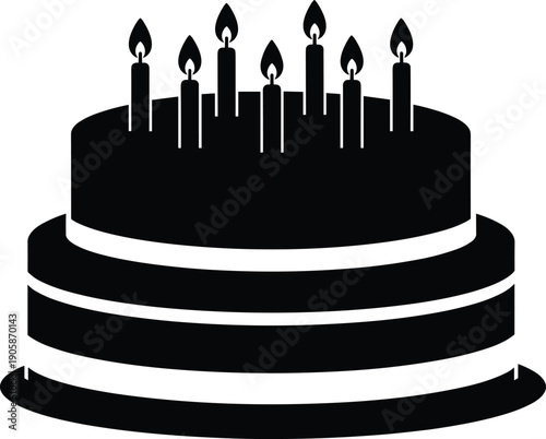 Black silhouette of a delicious layered birthday cake with burning candles isolated on white background for party celebration and anniversary event design