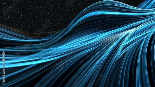 Wavy strands of glowing blue light against a dark, starry background