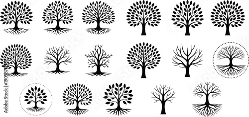 Ornamental,tree,silhouette,icons,collection,round,leaf,emblem,designs,with,roots,seasonal,branches,botanical,logos,for,branding,and,nature,projects