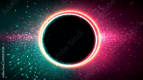 A vibrant ring of light surrounds a dark circular void, with particles bursting outwards